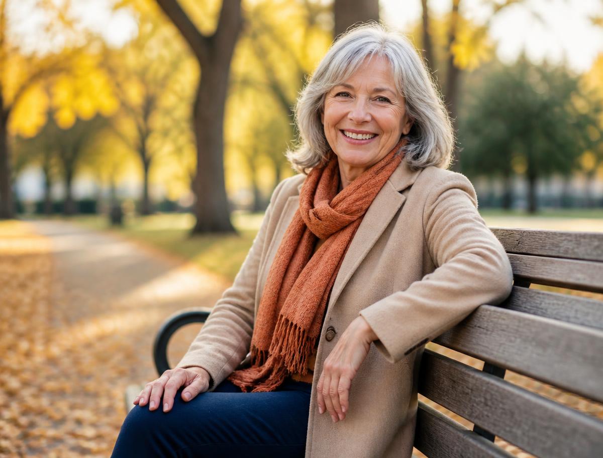 Smiling senior woman relaxing on a wooden park bench on a sunny autumn day