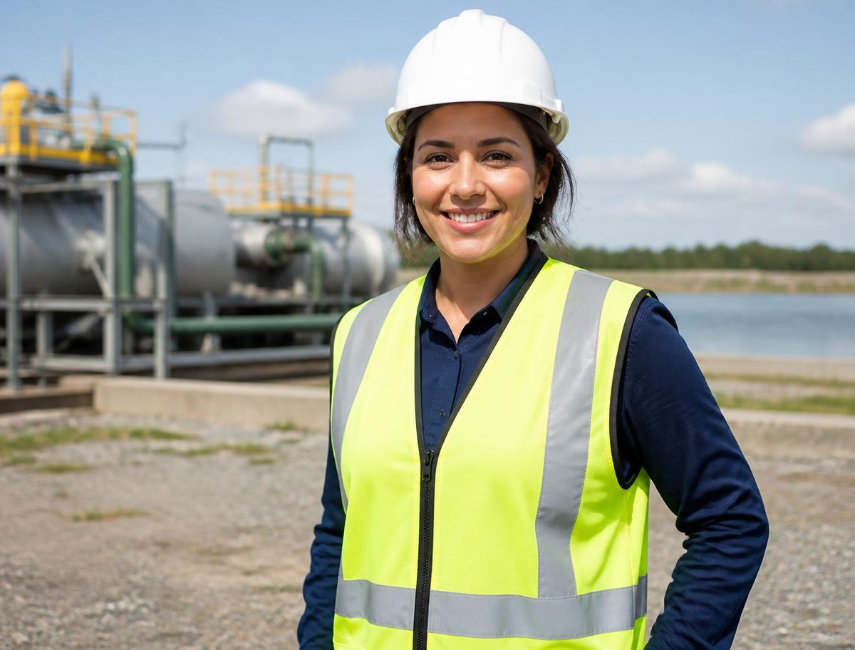 Field worker in a yellow high-visibility safety vest and hard hat at an industrial job site