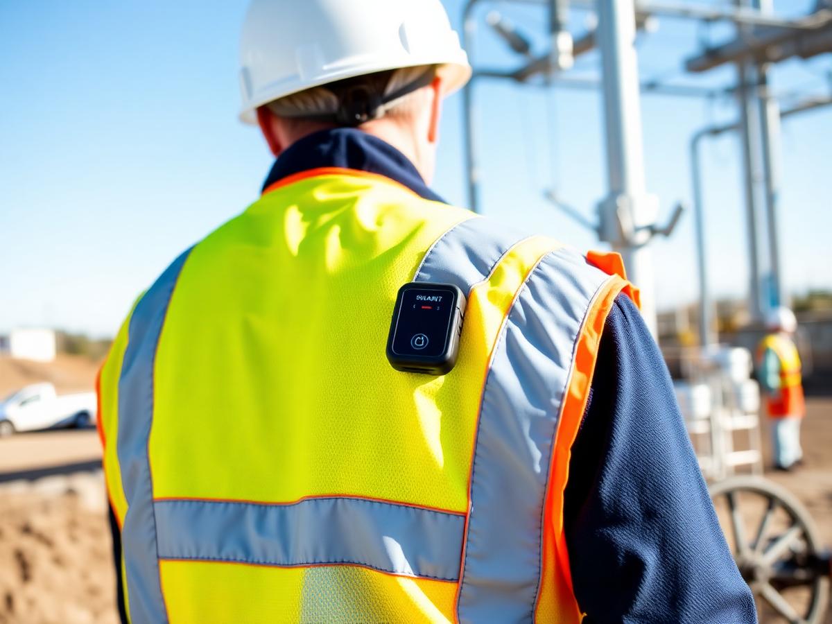 Field utility worker in a high-visibility vest wearing a compact wearable emergency alert device on the shoulder